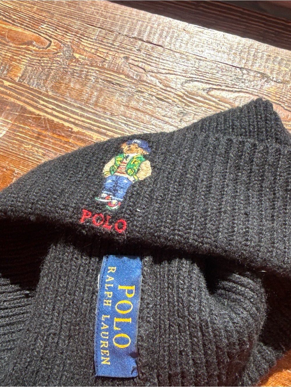 Ralph Lauren Black Knit Kids Beanie with Embroidered Bear - Picture 3 of 3
